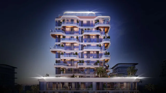 Night-time exterior rendering of Helvetia Marine.
