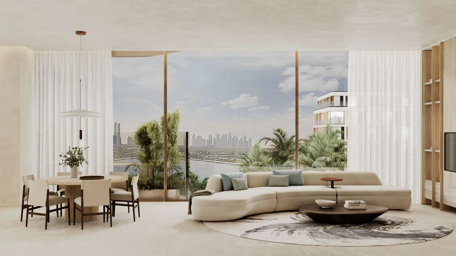 Living and dining interior rendering at Helvetia Marine.