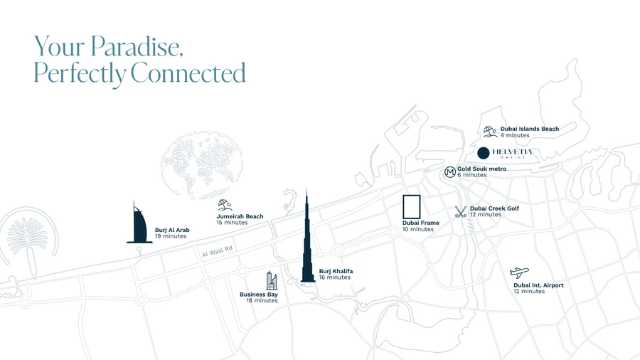 Location map for Helvetia Marine on Dubai Islands showing nearby landmarks and travel times.