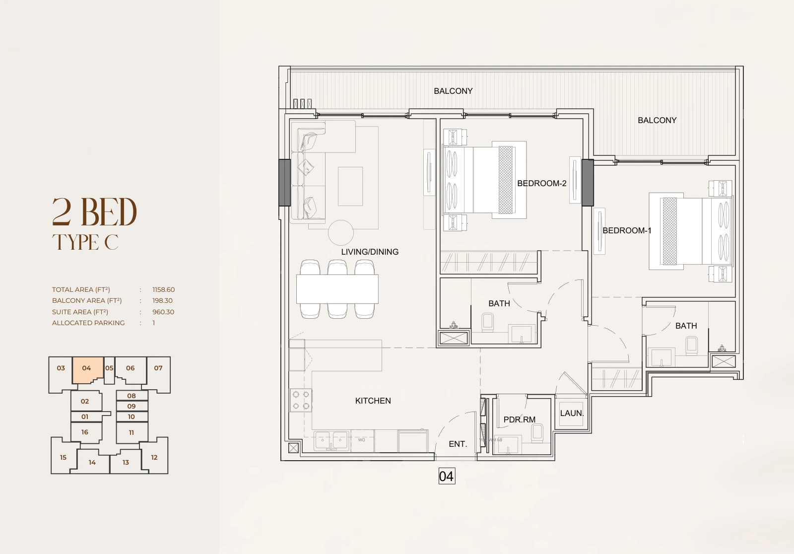 Floor plan for 2 Bed Type C - Unit 04