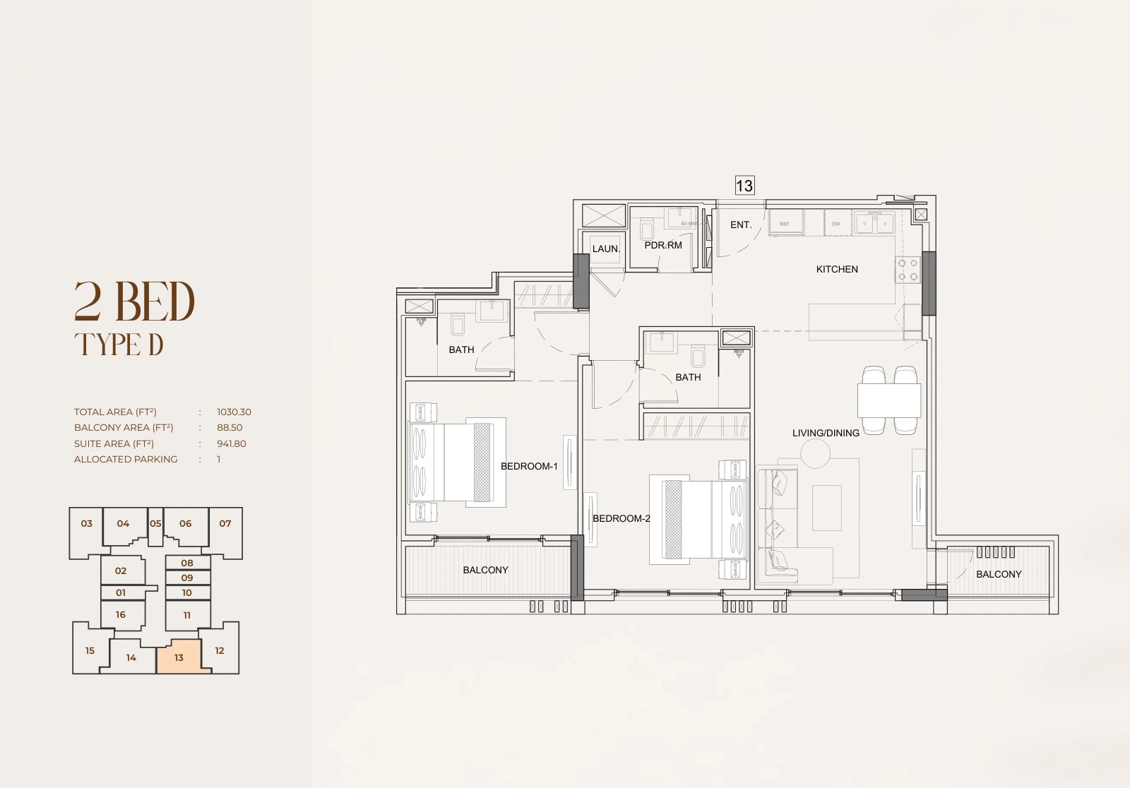 Floor plan for 2 Bed Type D - Unit 13