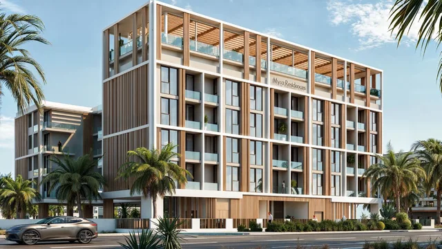 Daytime exterior rendering of Myra Residences.