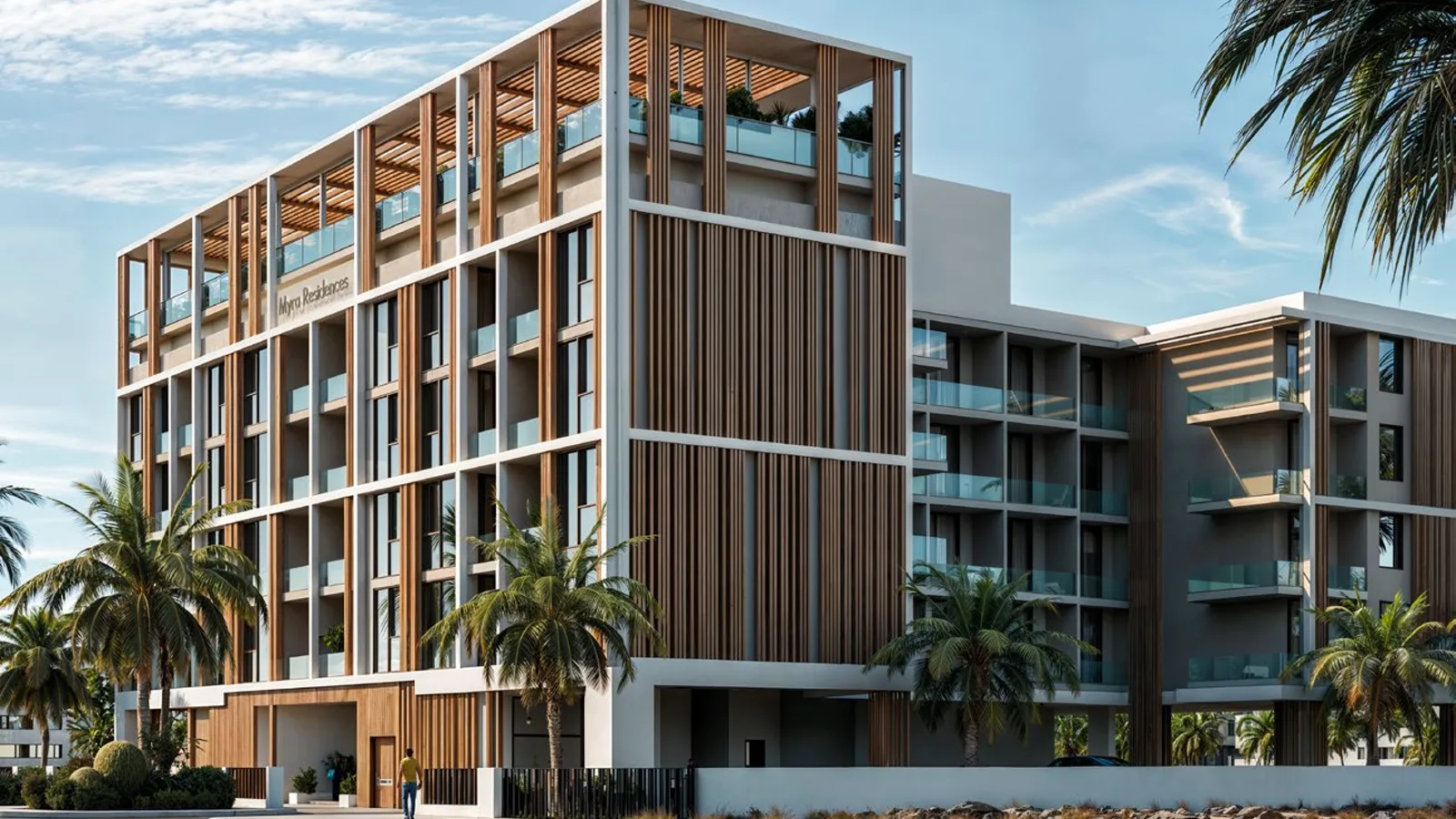 Angled exterior rendering of Myra Residences.