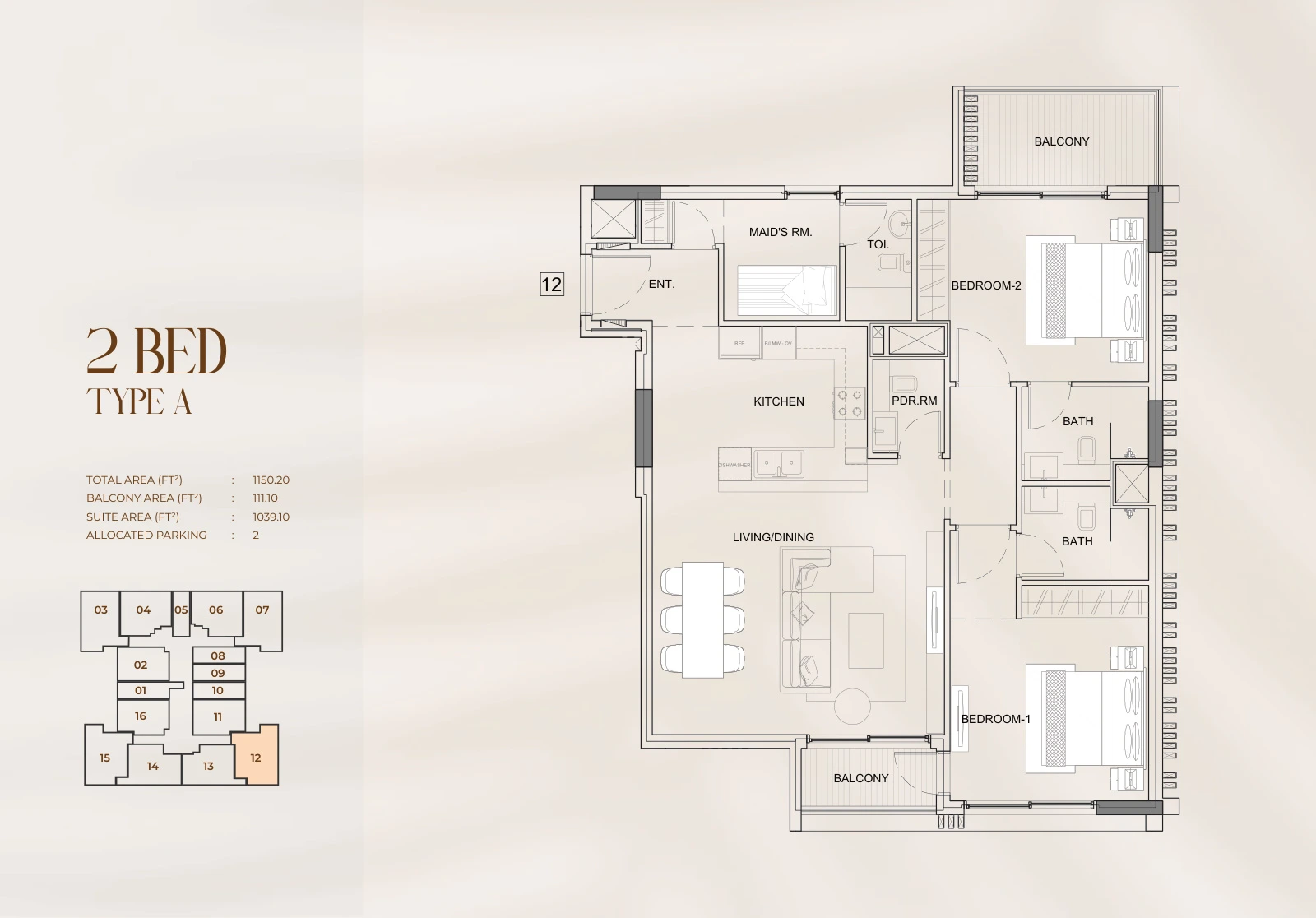 Floor plan for 2 Bed Type A - Unit 12