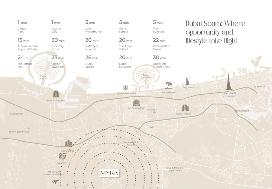 Location and travel-time map for Myra Residences in Dubai South.