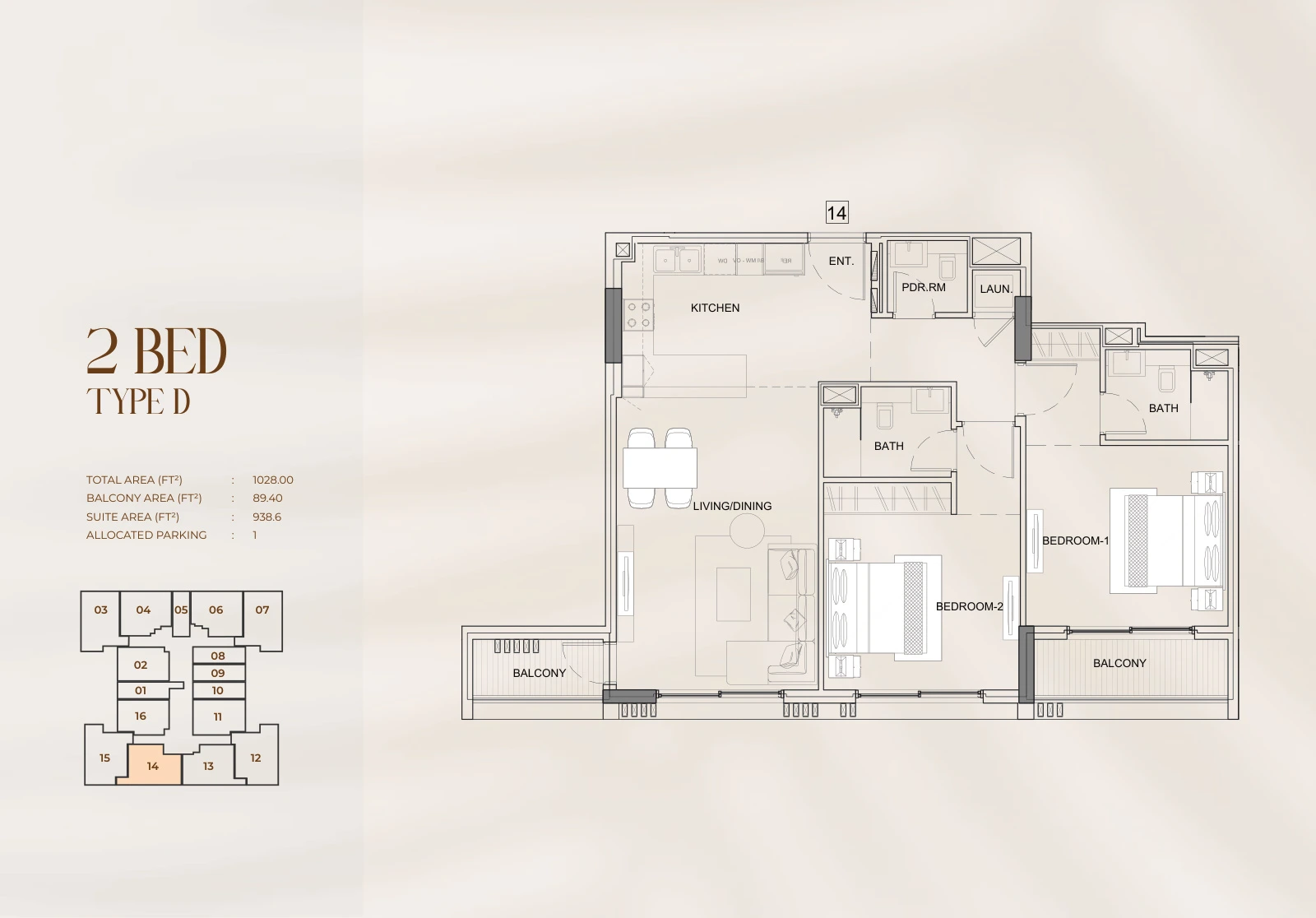 Floor plan for 2 Bed Type D - Unit 14