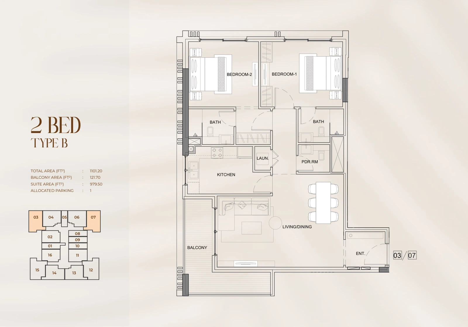 Floor plan for 2 Bed Type B - Units 03 and 07