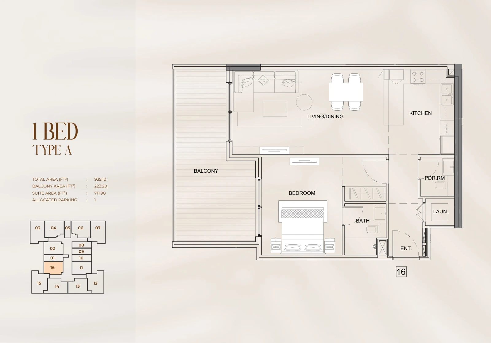 Floor plan for 1 Bed Type A - Unit 16