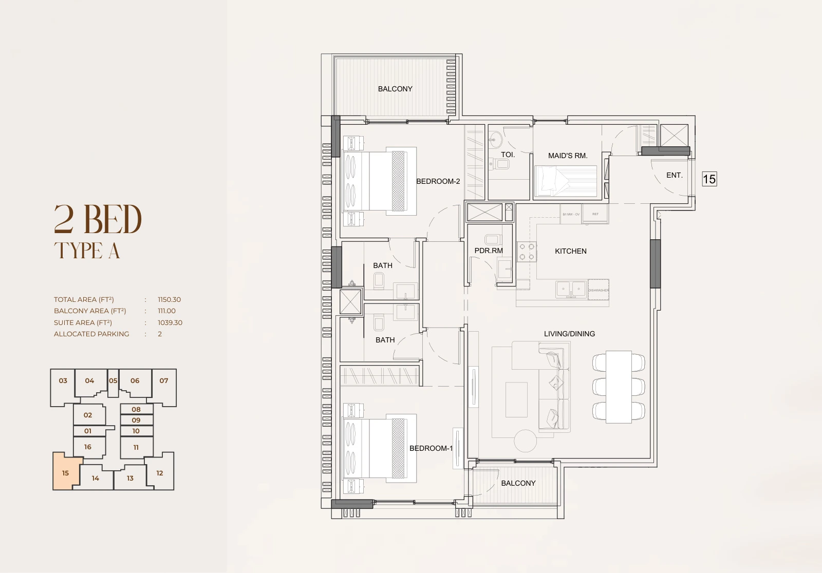 Floor plan for 2 Bed Type A - Unit 15