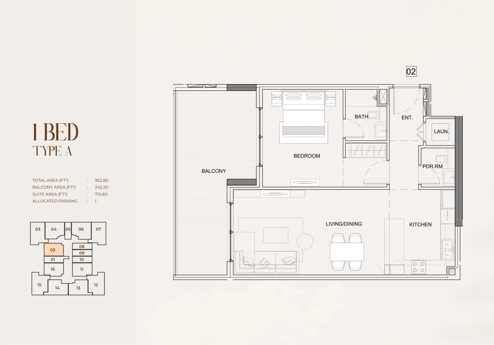 Floor plan for 1 Bed Type A - Unit 02