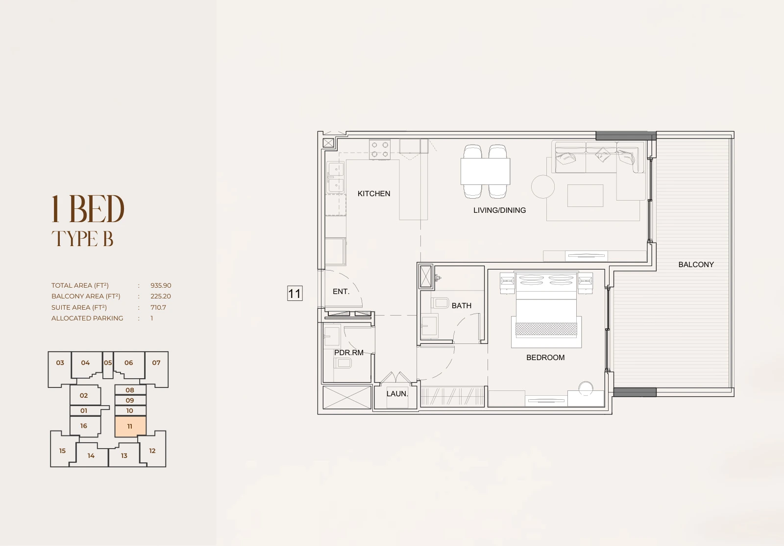 Floor plan for 1 Bed Type B - Unit 11