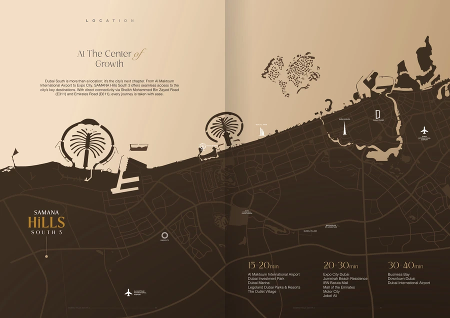 Location and connectivity map for Samana Hills South 3 in Dubai South.