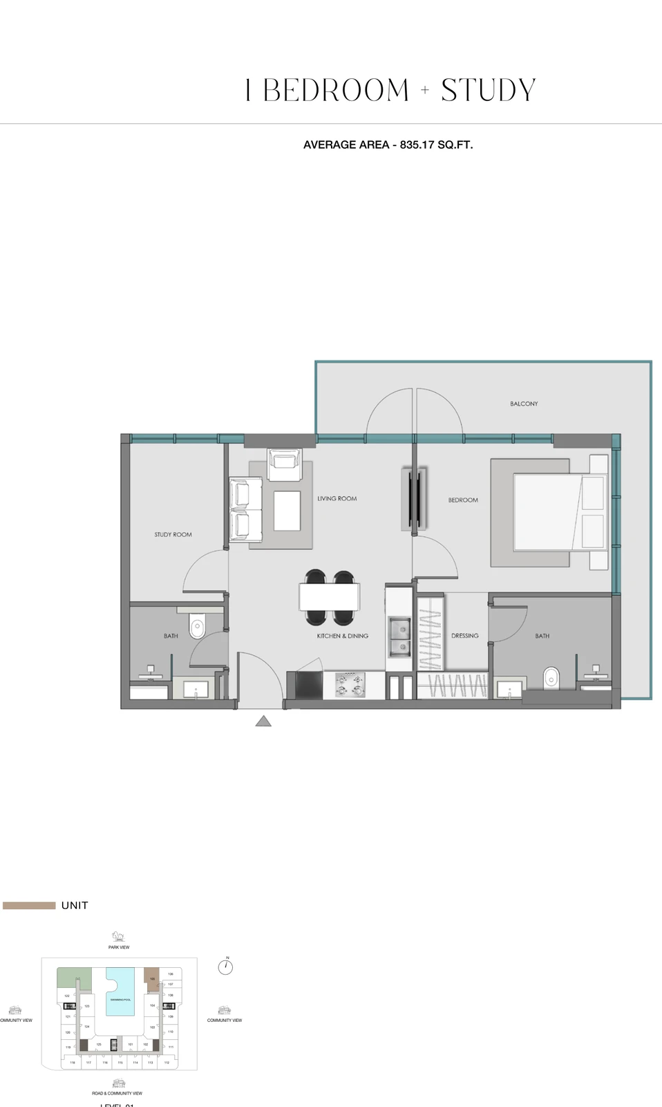 Floor plan for 1 Bedroom + Study