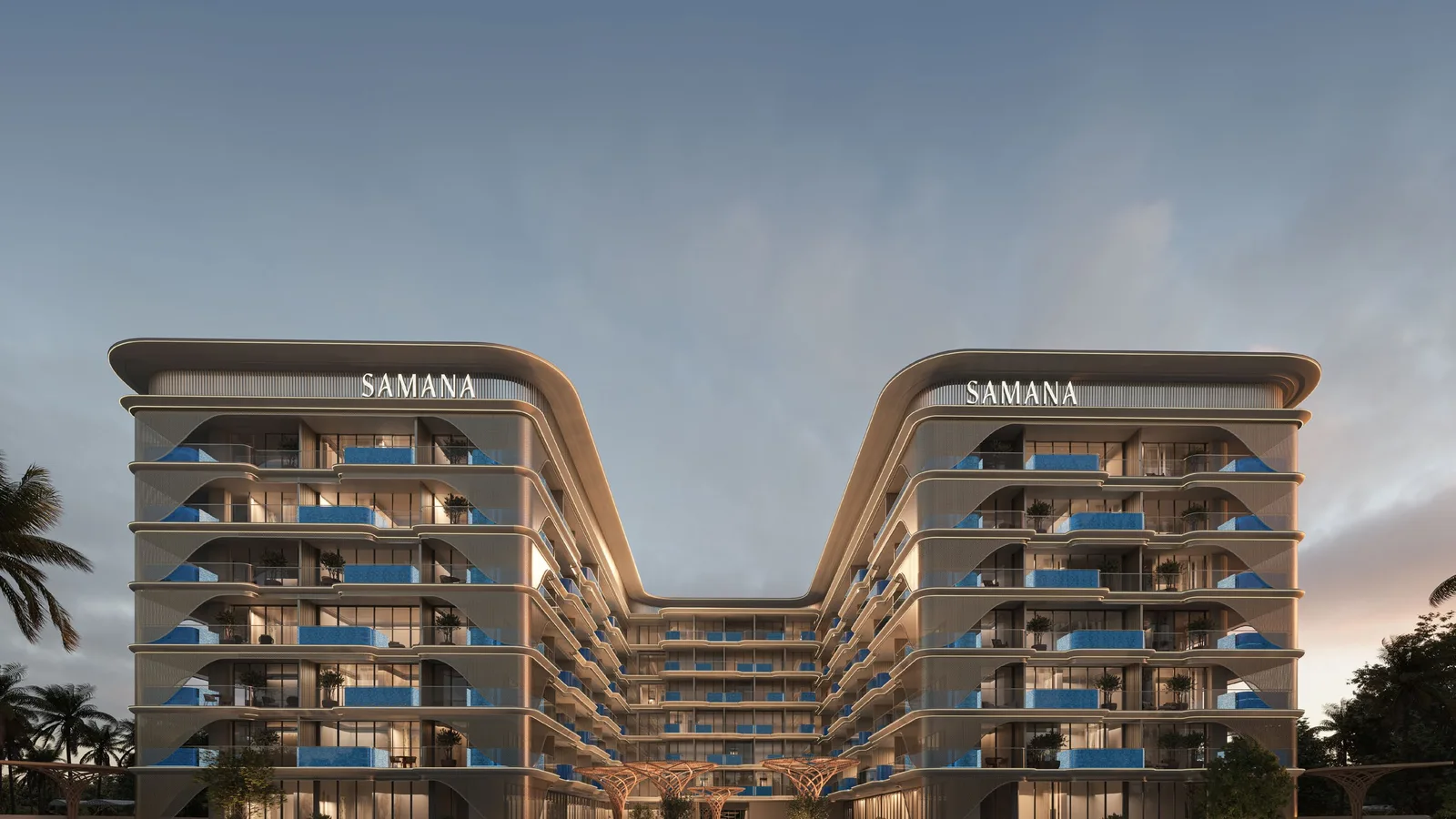 Evening exterior rendering of Samana Imperial Garden.