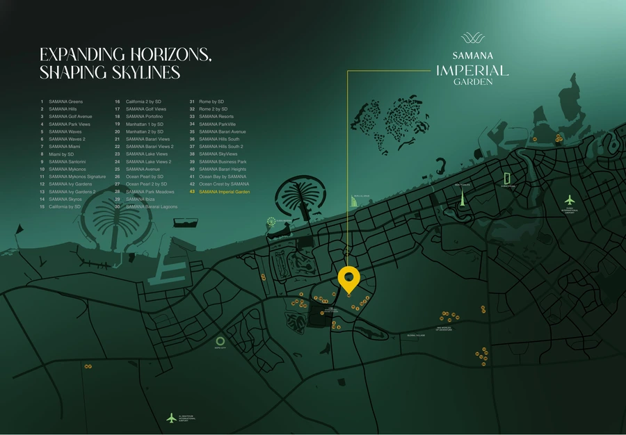 Location and connectivity map for Samana Imperial Garden in Arjan, Dubai.