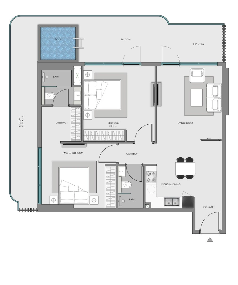 Floor plan for 2 Bedroom + Pool