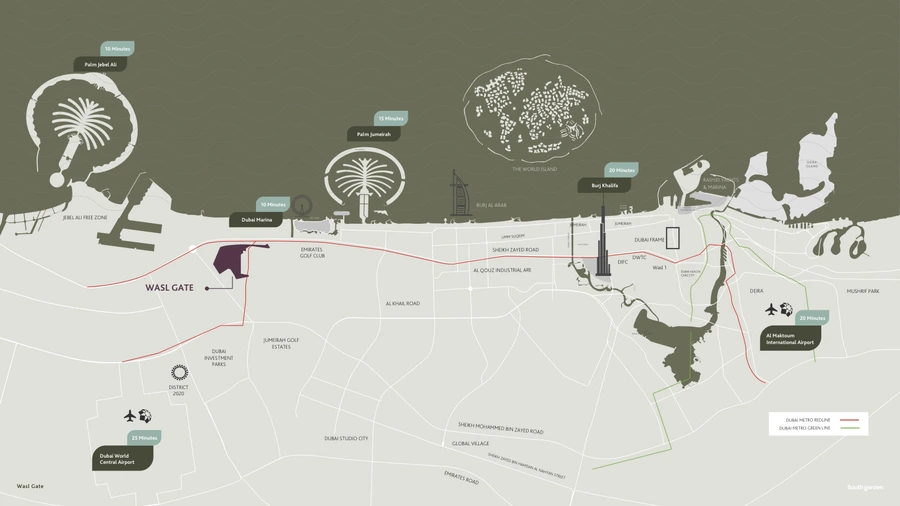 Location and connectivity map for South Garden E at Wasl Gate in Dubai.