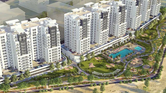 Aerial rendering of South Garden D residences, pool and landscaped grounds.