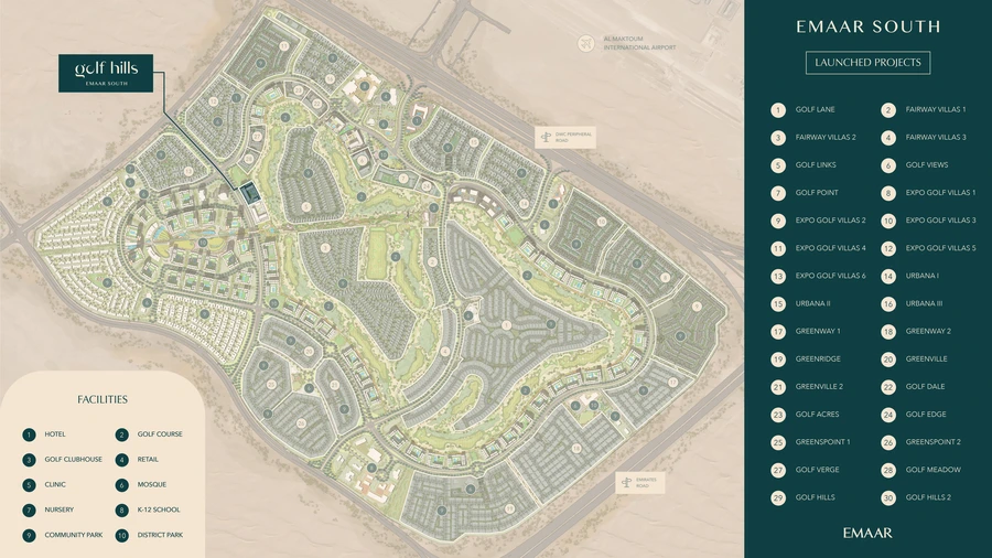 Emaar South masterplan showing the Golf Hills 1 location and community facilities.