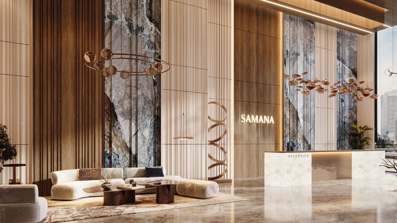 Reception lobby rendering at SAMANA Sky Views.