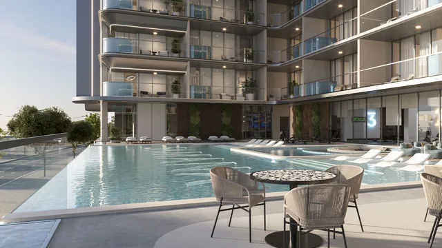 Pool deck and residential exterior at SAMANA Sky Views.