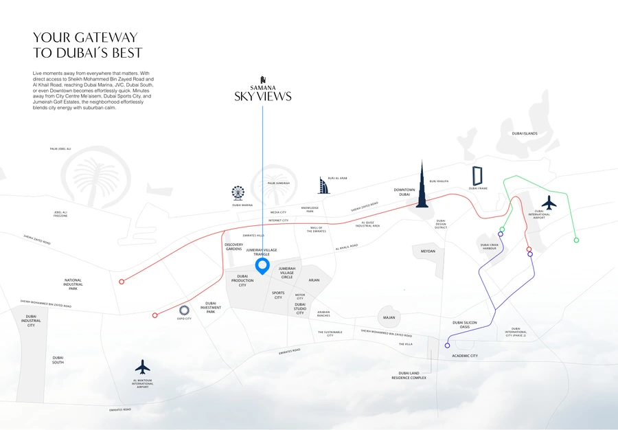 Location map showing SAMANA Sky Views in Dubai Production City and connections across Dubai.