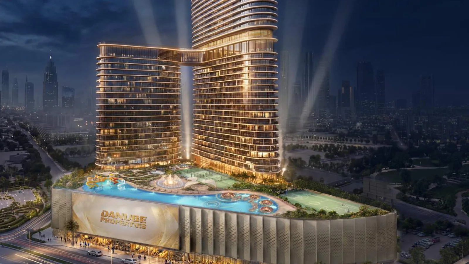 Night-time exterior rendering of Serenz by Danube.