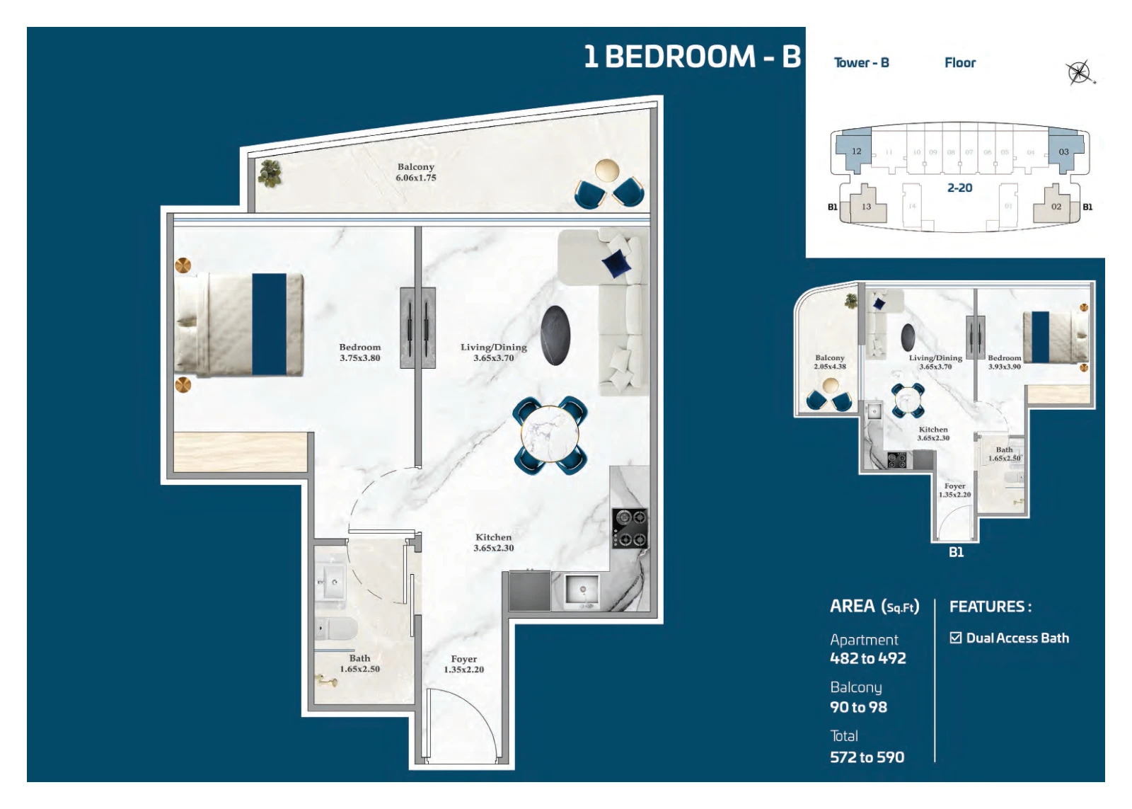 Floor plan for 1 Bedroom B / B1