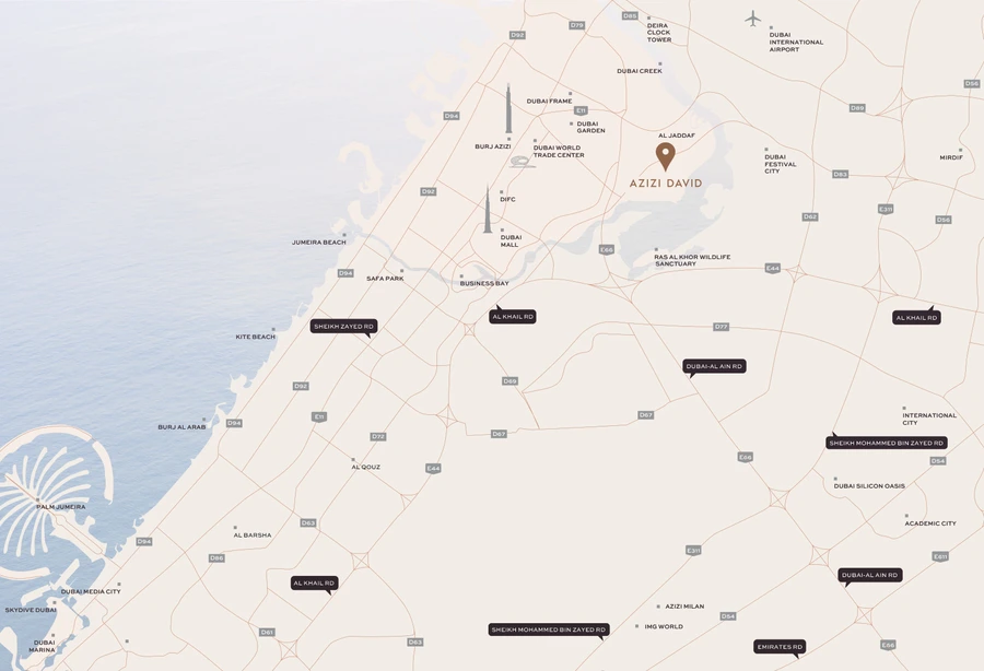 Location map for Azizi David in Al Jaddaf, Dubai.