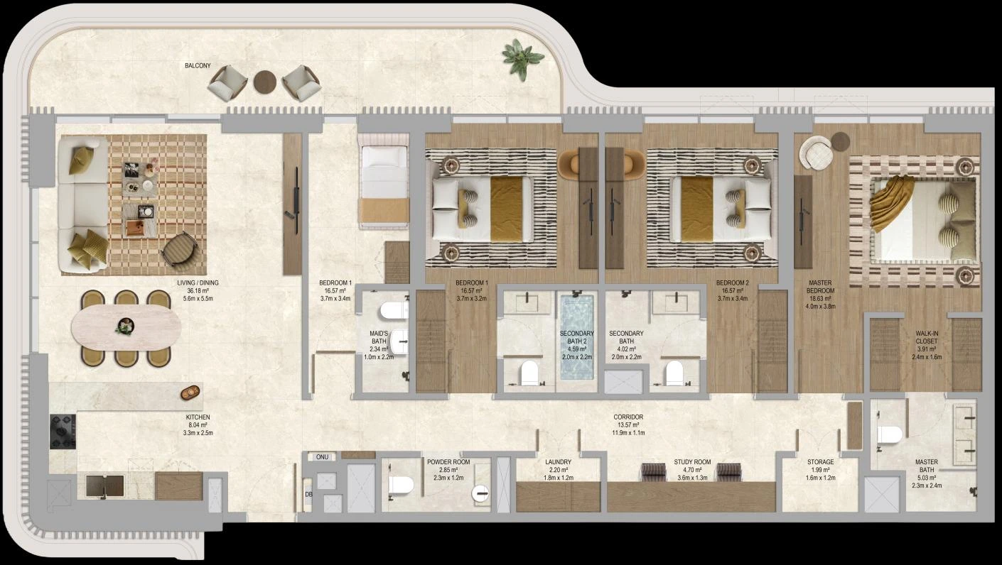 Floor plan for 3 Bedroom + Maid + Study