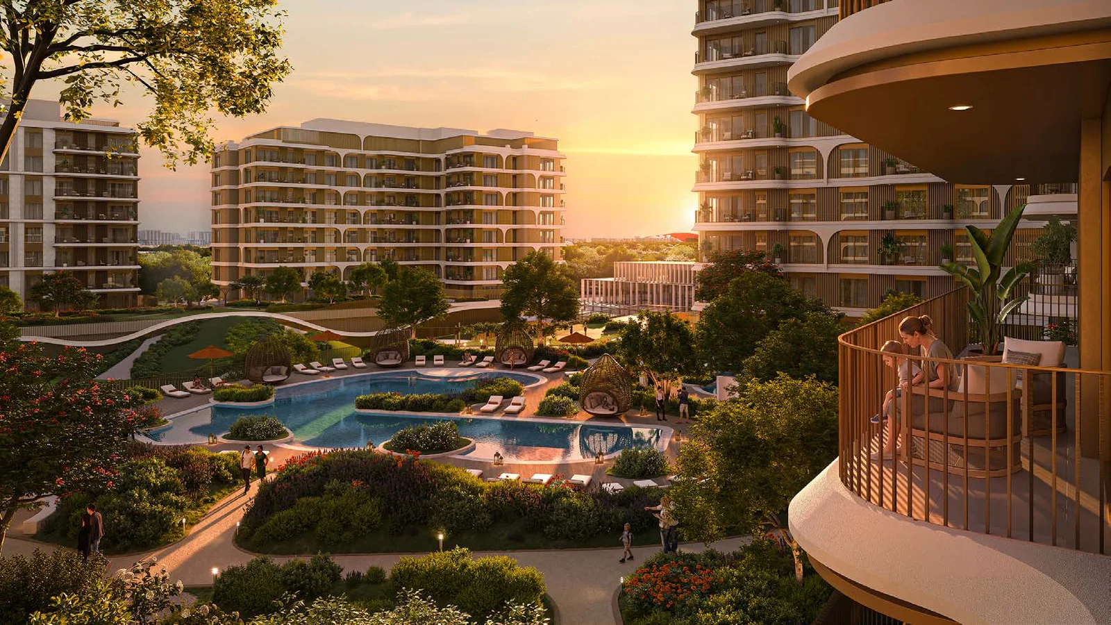 Sunset pool view at The Canopies at Yas Point.