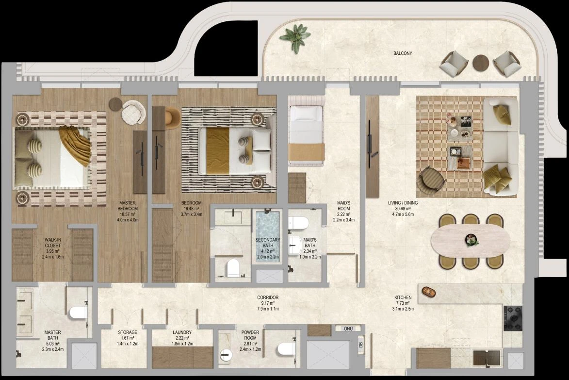 Floor plan for 2 Bedroom + Maid Type 1
