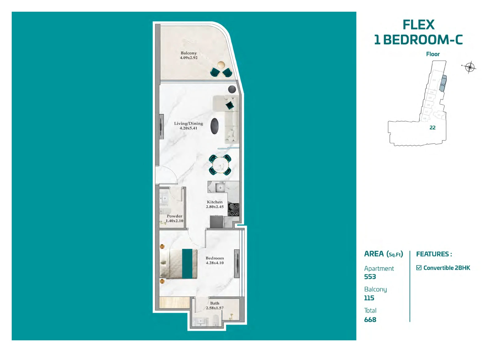 Floor plan for Flex 1 Bedroom C