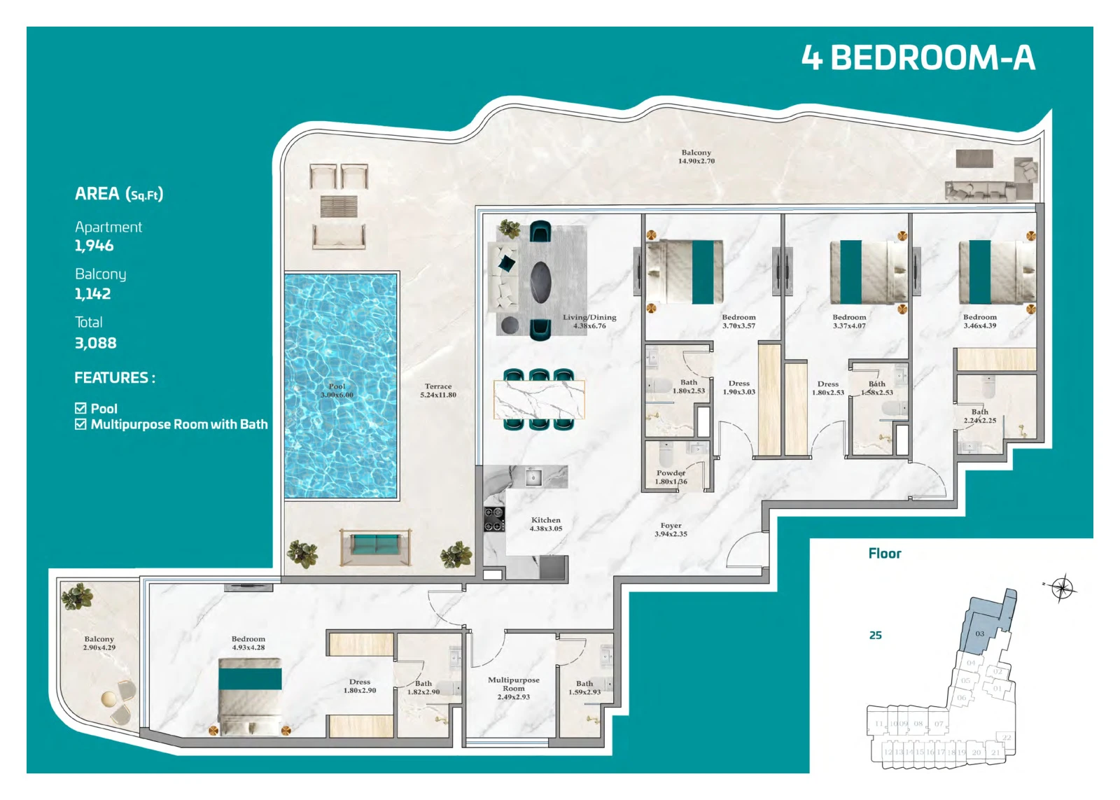 Floor plan for 4 Bedroom A