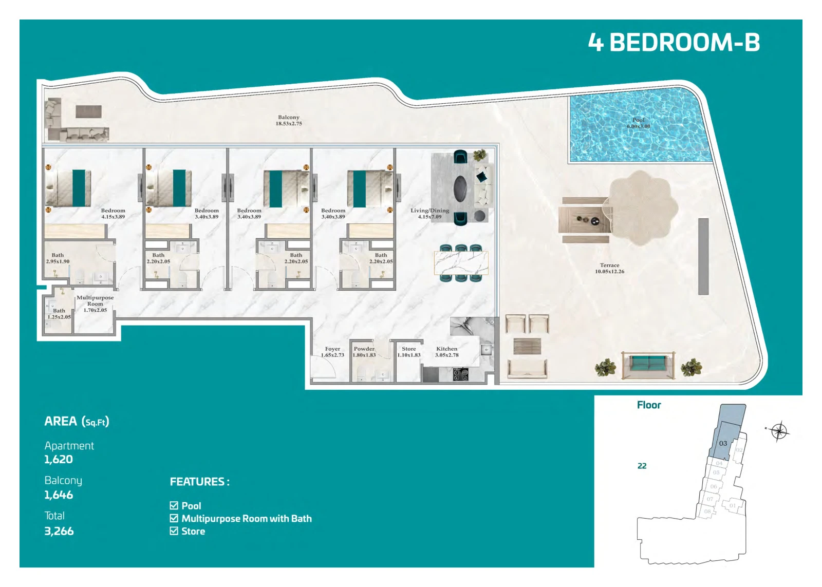 Floor plan for 4 Bedroom B