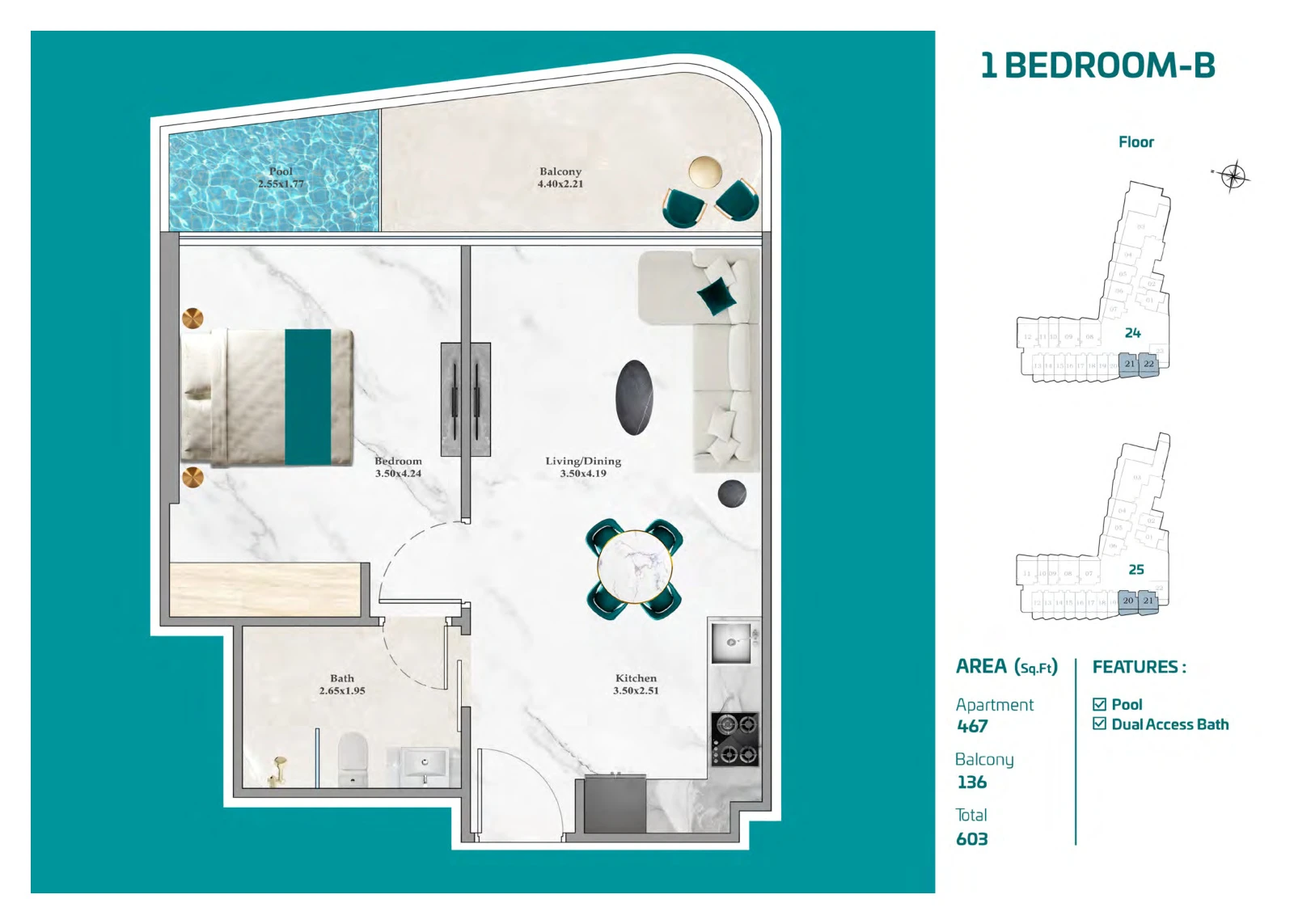 Floor plan for 1 Bedroom B