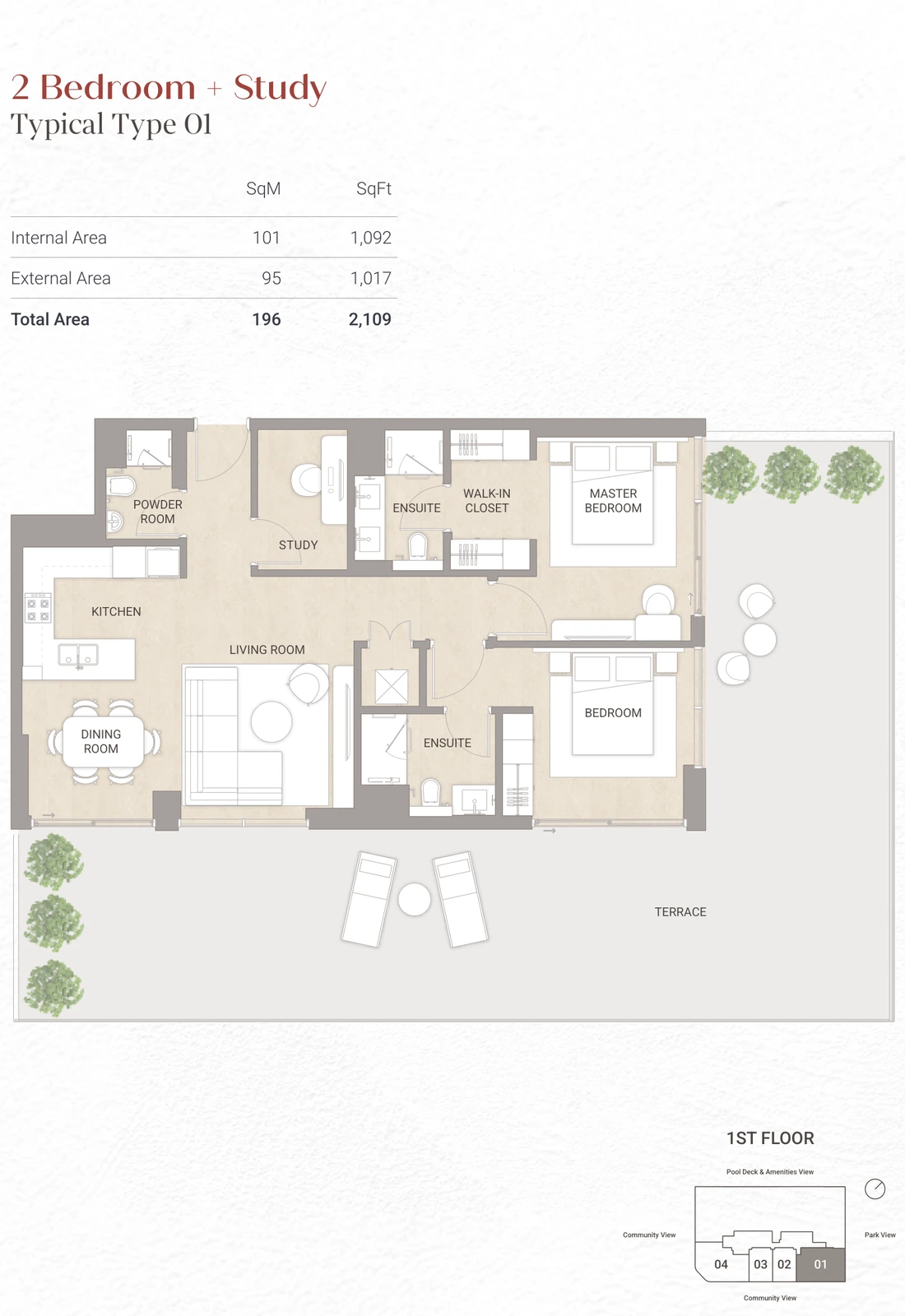Floor plan for 2 Bedroom + Study Type 01 - First Floor