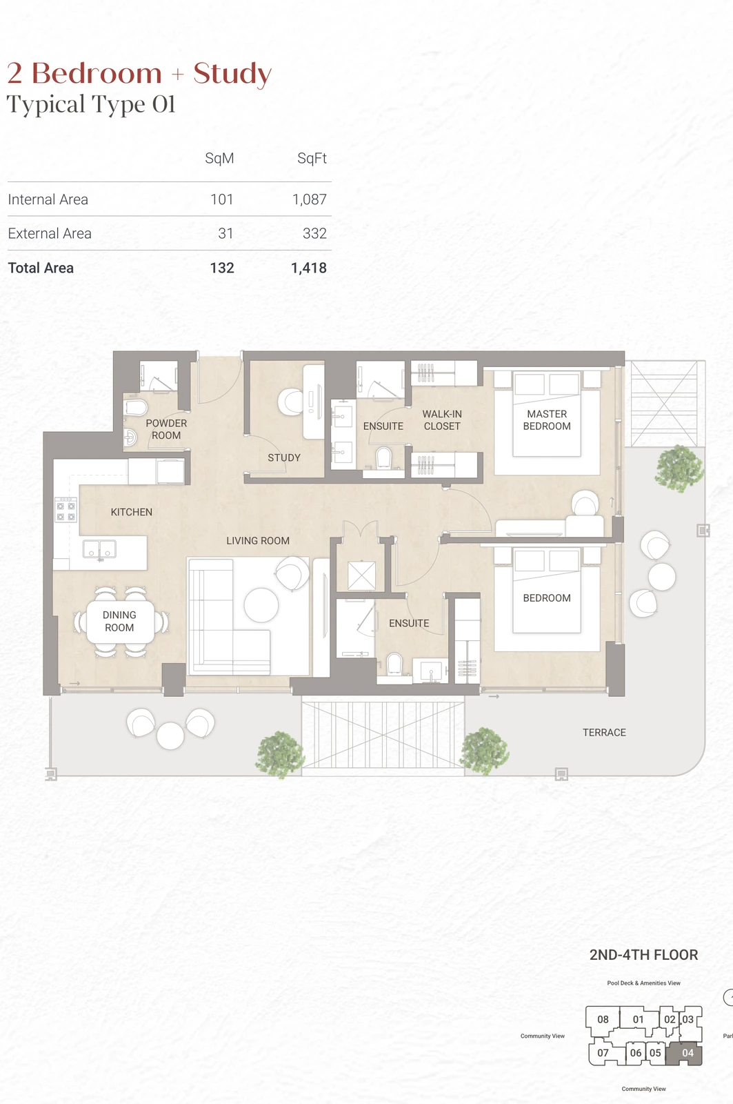 Floor plan for 2 Bedroom + Study Type 01 - Upper Floors