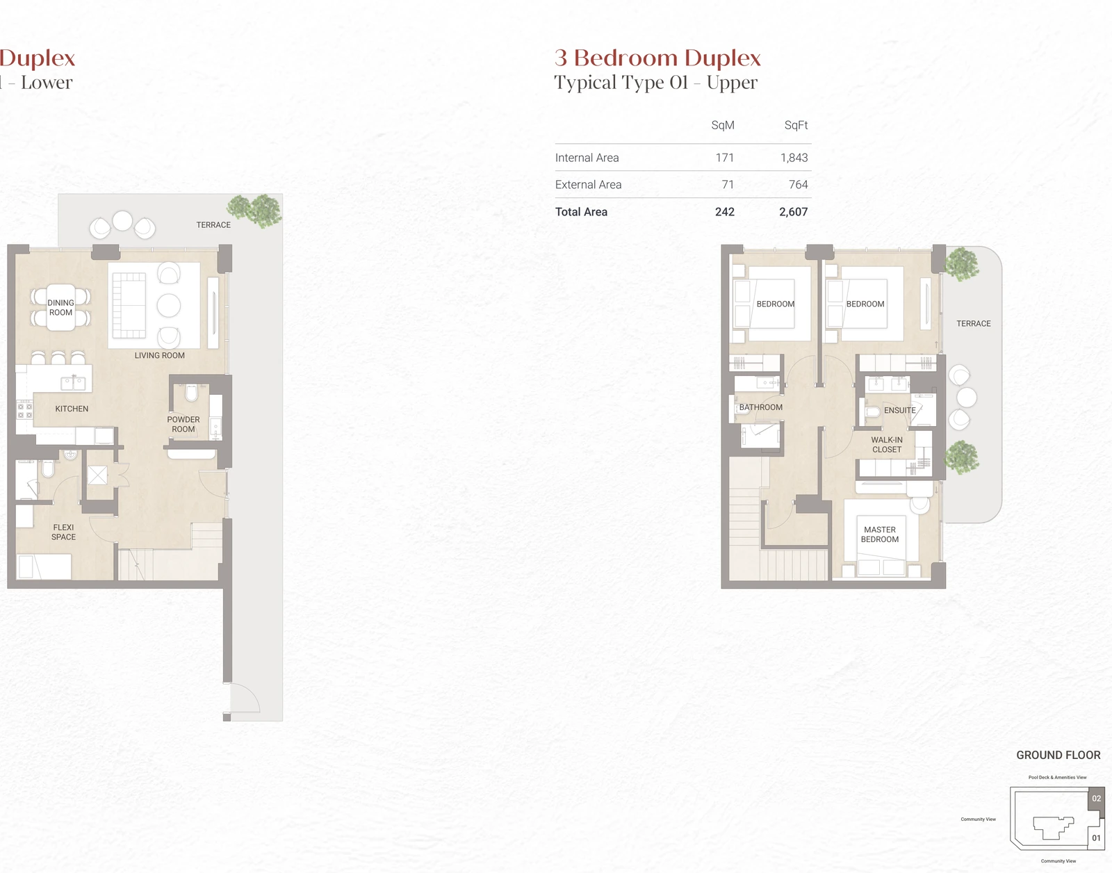 Floor plan for 3 Bedroom Duplex Type 01