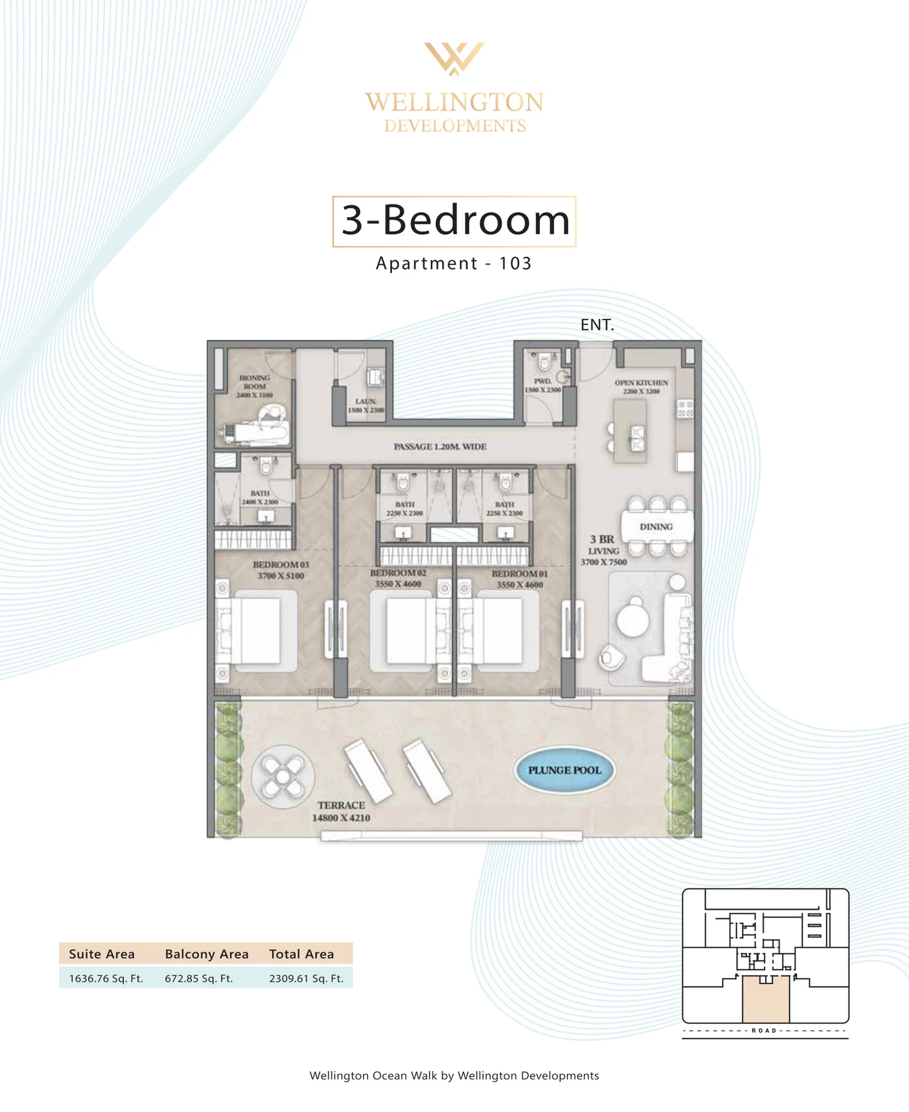 Floor plan for 3 Bedroom Apartment — Layout 01
