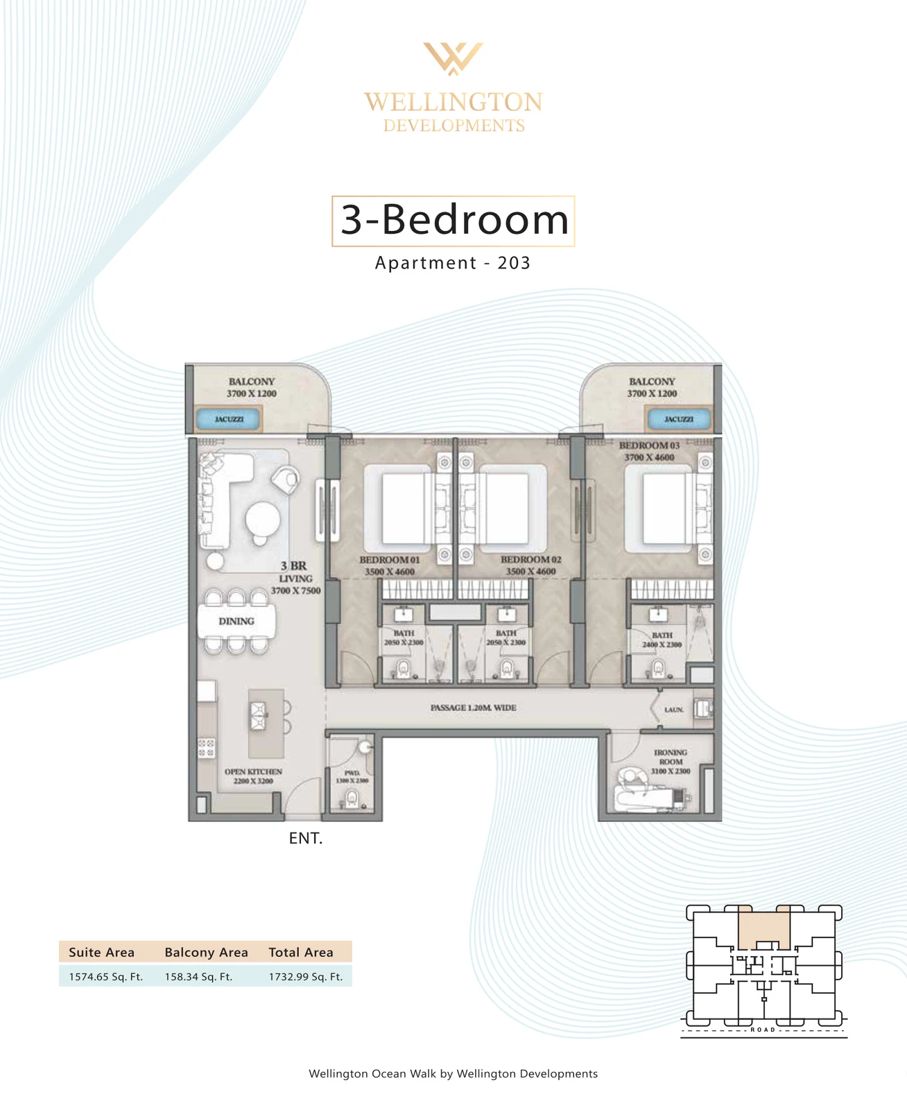 Floor plan for 3 Bedroom Apartment — Layout 02