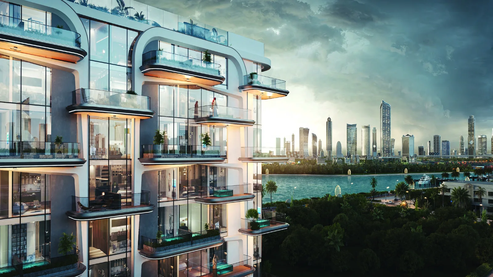Dusk exterior rendering of Wellington Ocean Walk.