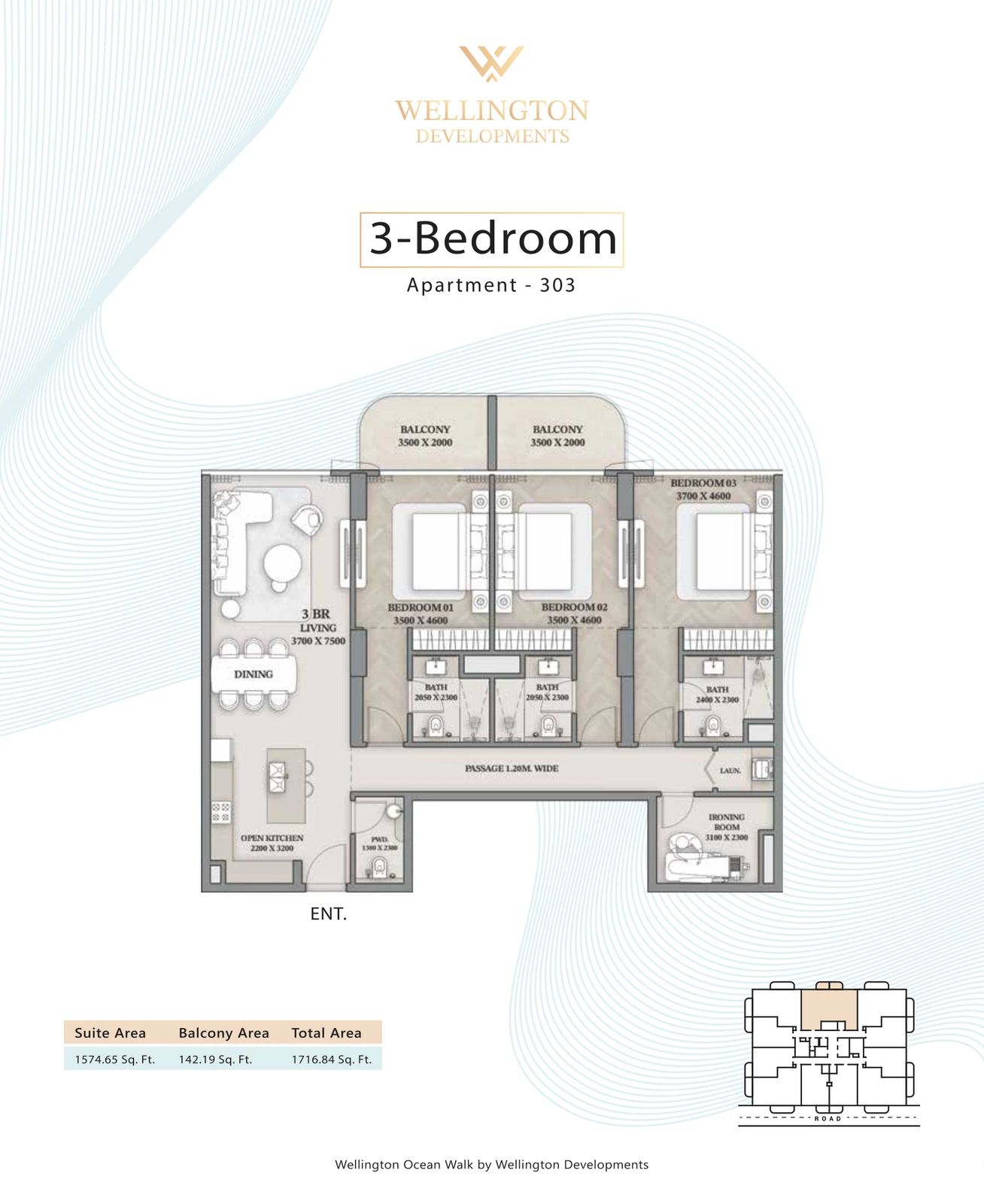 Floor plan for 3 Bedroom Apartment — Layout 03