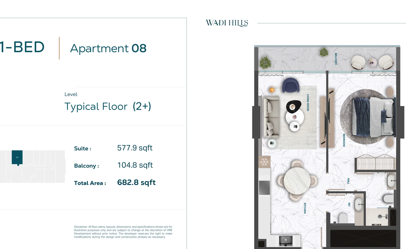 Floor plan for 1 Bedroom Apartment 08 — Typical Floor