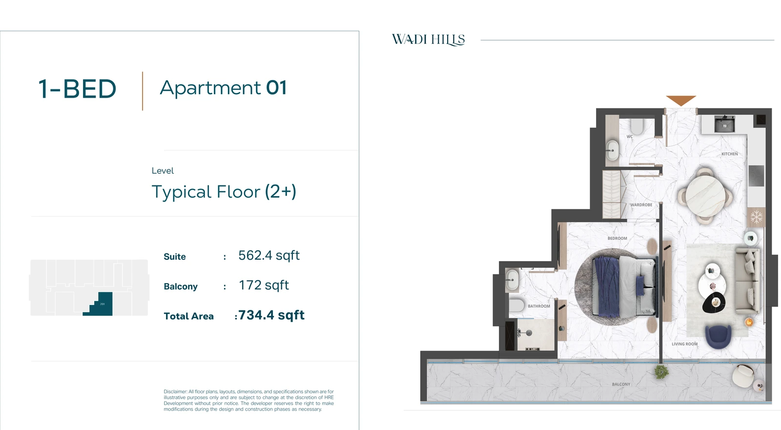 Floor plan for 1 Bedroom Apartment 01 — Typical Floor