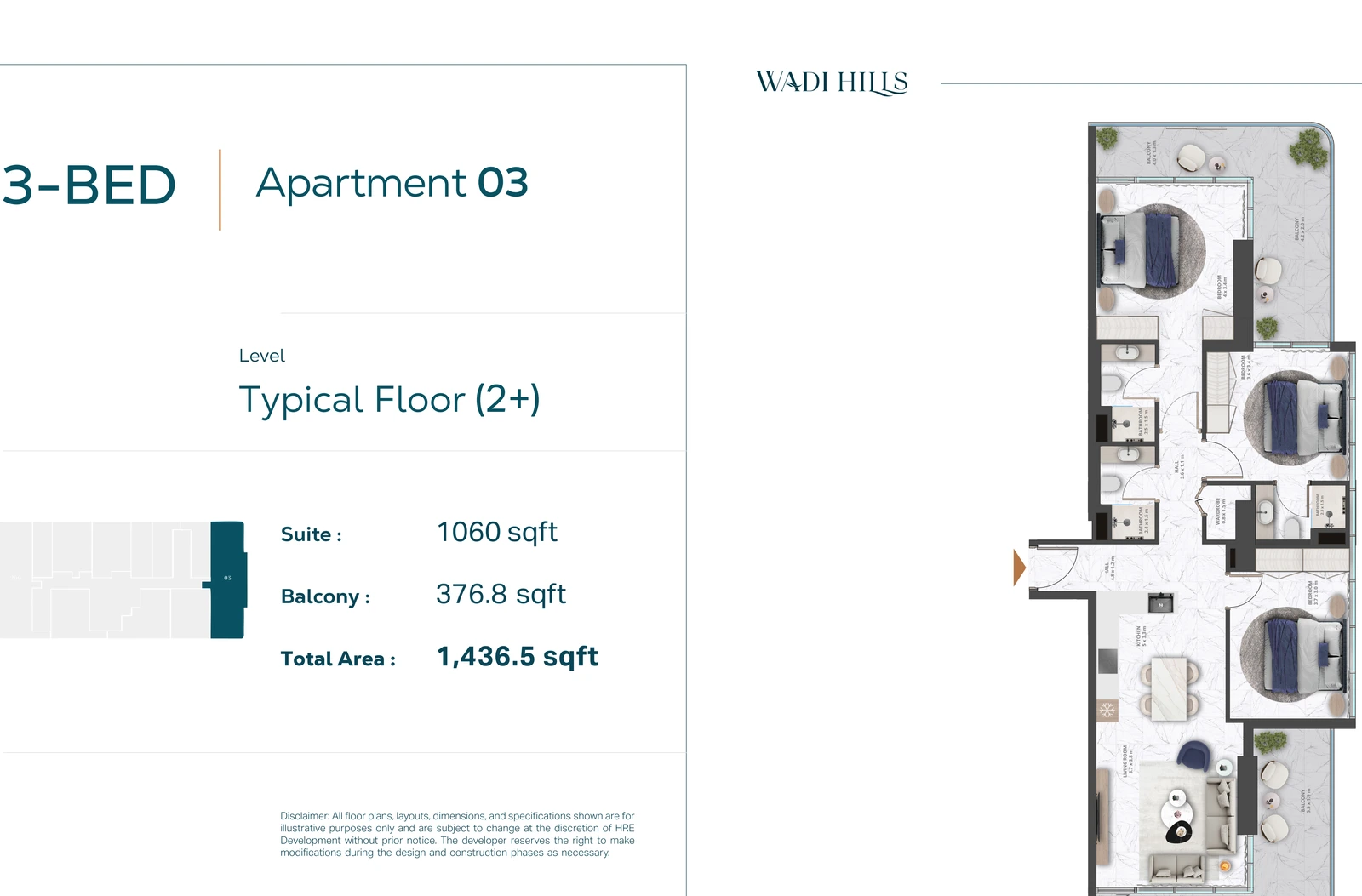 Floor plan for 3 Bedroom Apartment 03 — Typical Floor