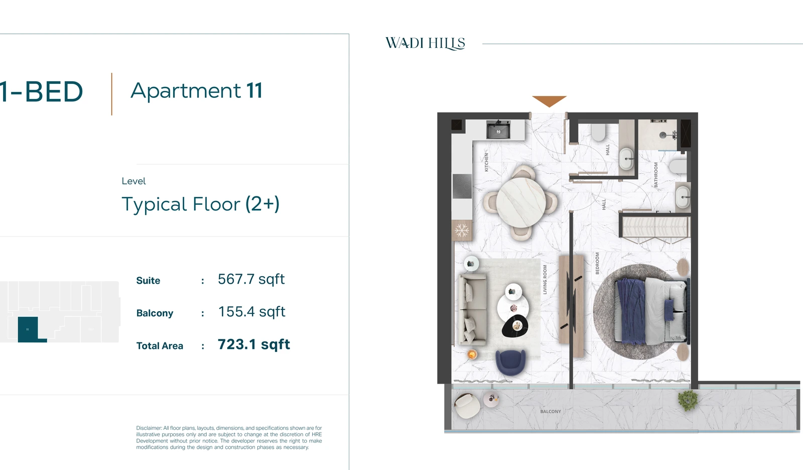 Floor plan for 1 Bedroom Apartment 11 — Typical Floor