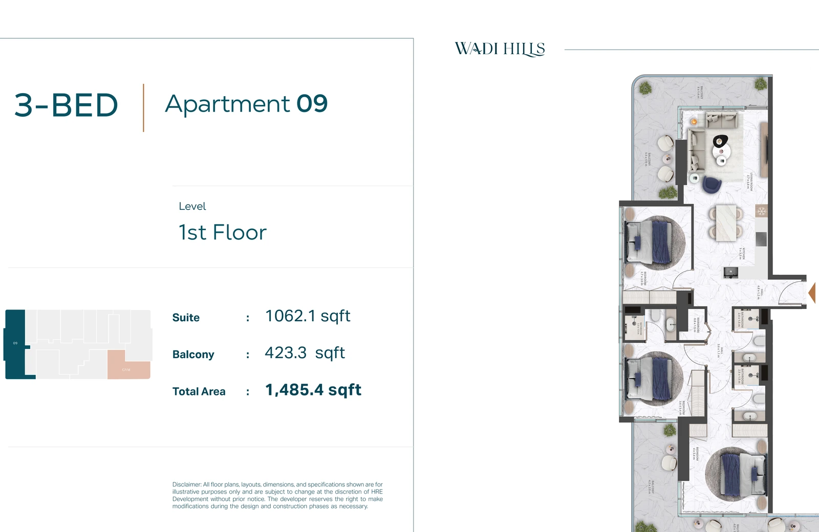 Floor plan for 3 Bedroom Apartment 09 — First Floor