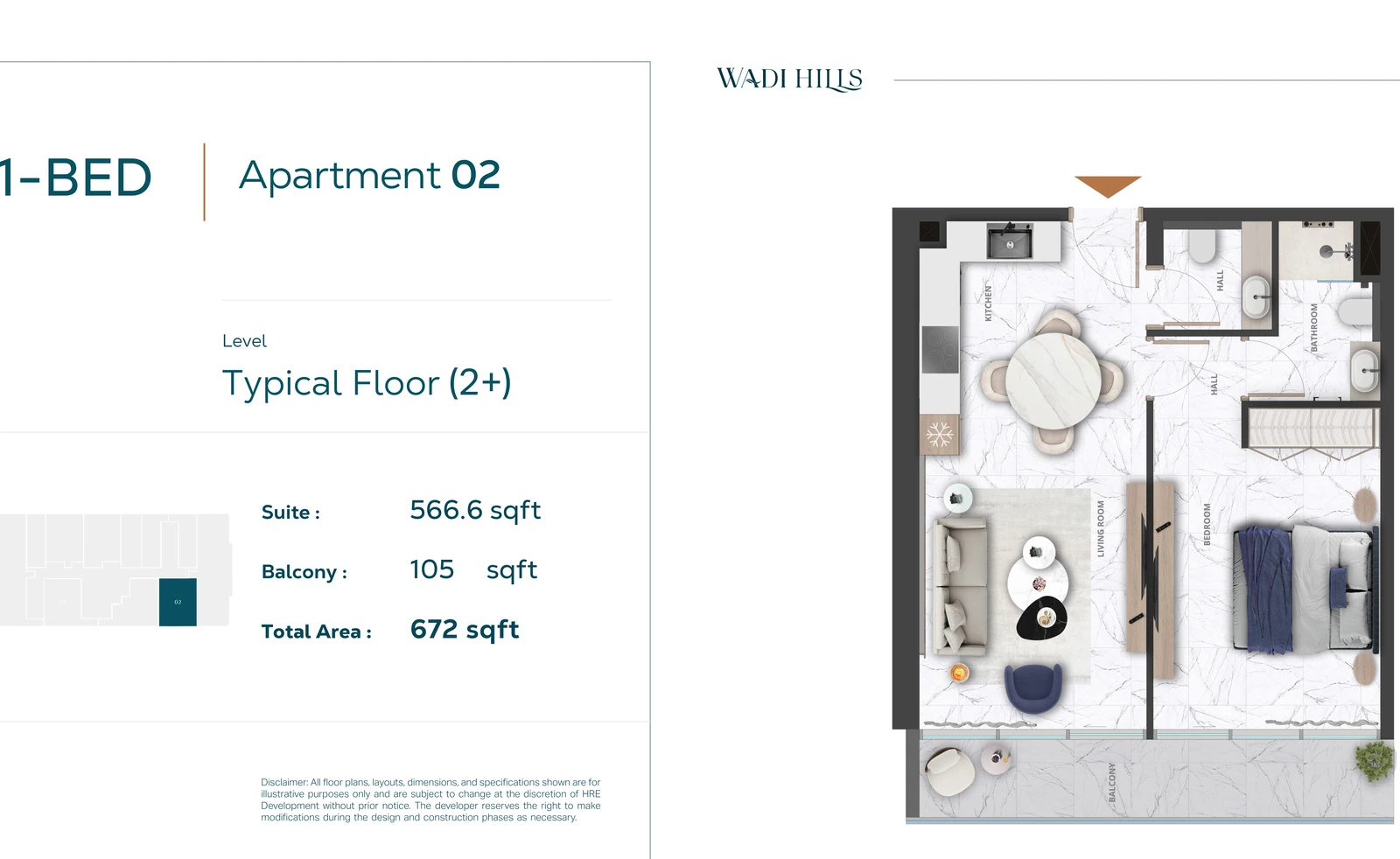 Floor plan for 1 Bedroom Apartment 02 — Typical Floor