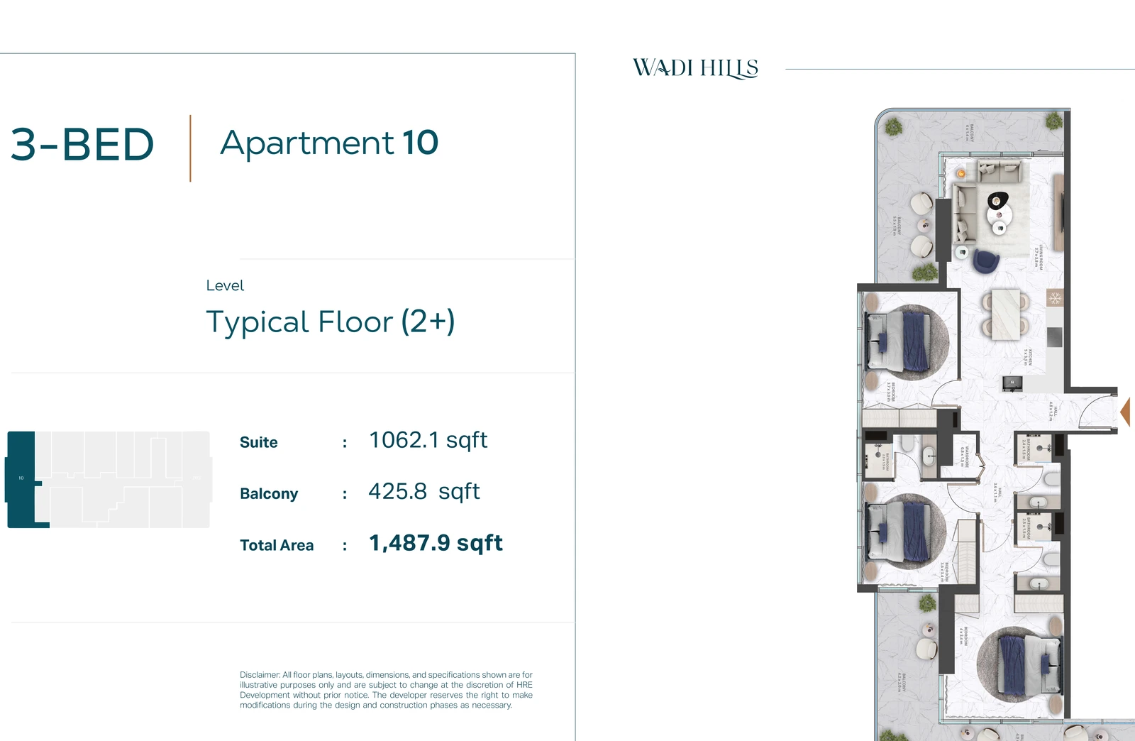 Floor plan for 3 Bedroom Apartment 10 — Typical Floor